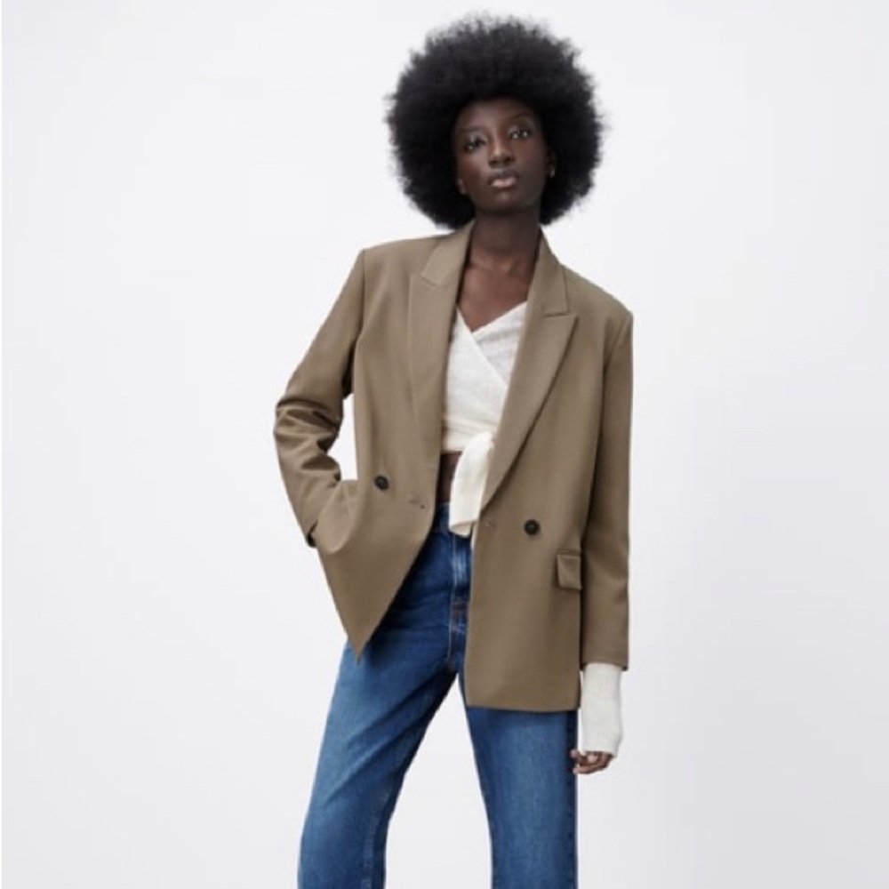 Zara Olive Brown Double-Breasted Blazer